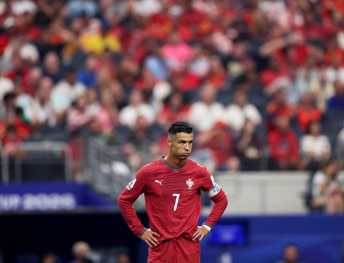 Portugal forward Cristiano Ronaldo reacts during the first half of the 2026 FIFA World Cup round of 16 match against Spain on Monday, July 6, 2026, at Dallas Stadium in Arlington.